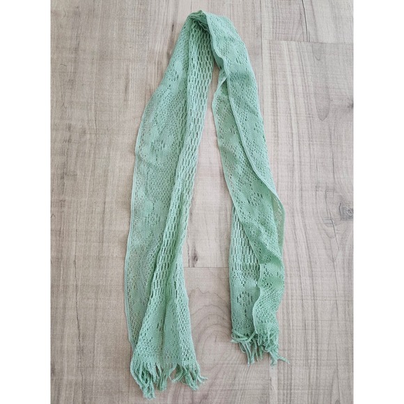 Accessories - Vintage Mint Green Open Knit Scarf Fringe Trim Pointelle Mesh Made in Japan